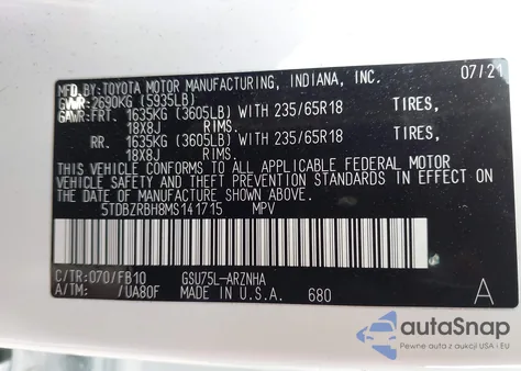 2021 Toyota Highlander Le из США, поврежденный, VIN 5TDBZRBH8MS141715